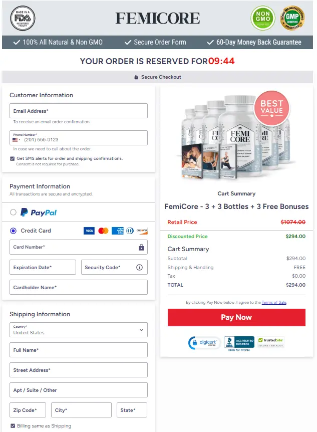 FemiCore order page